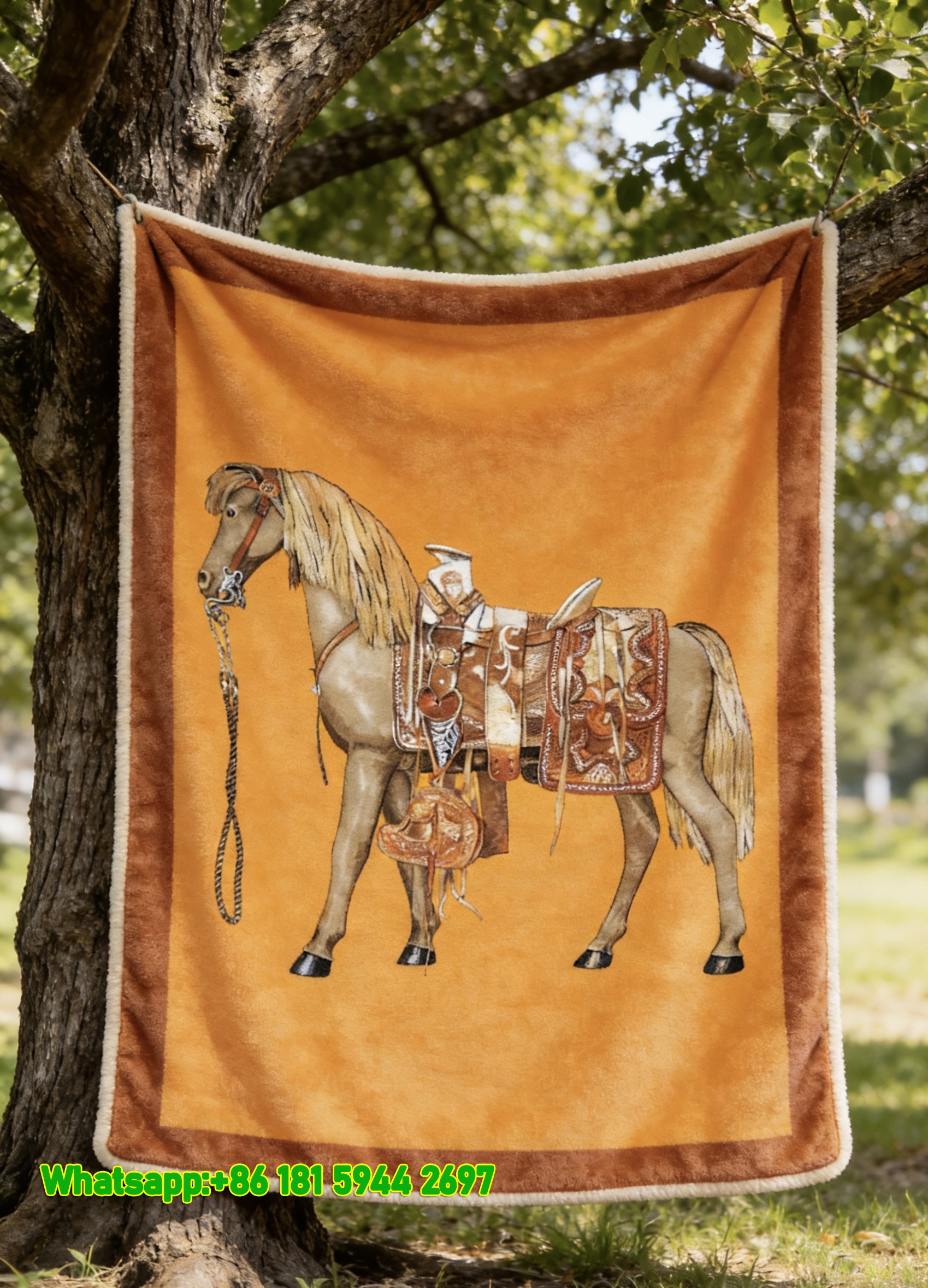 Hermès Western Saddle Horse Flannel Fleece Throw Blanket IMG_4950